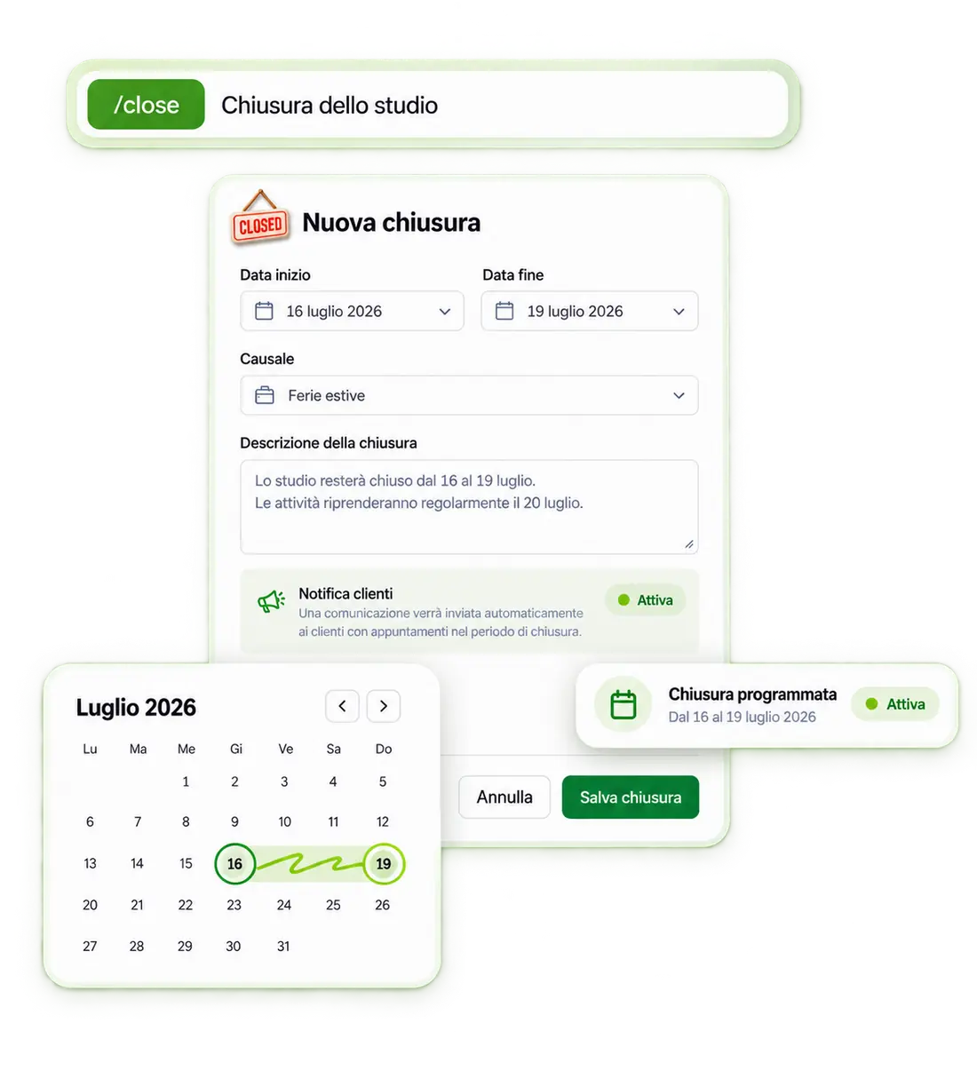 Flò Booking: schedule a closure, update the calendar and notify your clients automatically.